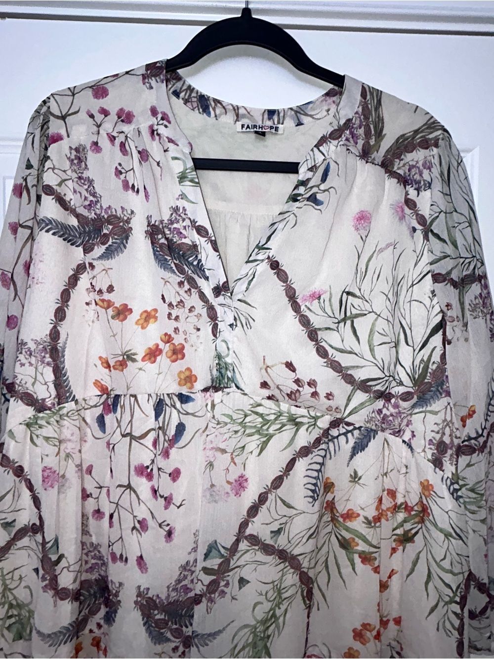 New, FAIRHOPE Floral Feather Print Ruffle Tier Tunic Cottage Long Sleeve Dress - Picture 6 of 12